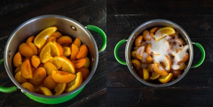 Jam z marhúľ a pomarančov: ovocie, zalejeme cukor