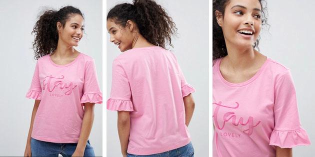Dámske módne tričká z európskych obchodoch: tričko s potlačou a volánikmi Iba Jolene Stay Loveley