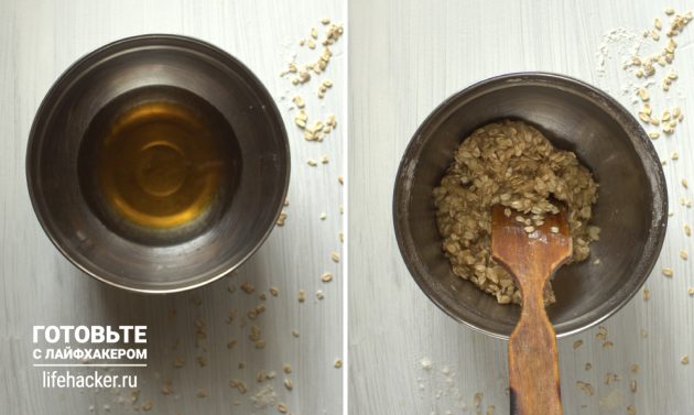 Tvarohové tyčinky Nectarine: Zmiešajte maslo a med a pridajte ovsené vločky, múku a sódu bikarbónu
