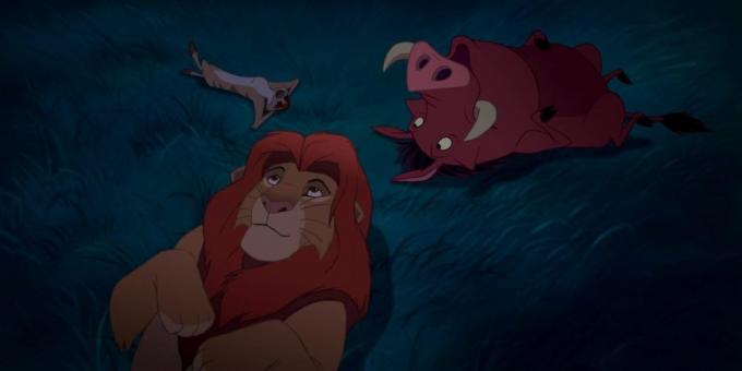 Karikatúra "Leví kráľ": Simba, Timon a Pumbaa je pod nočnou oblohou a premýšľať o povahe hviezd