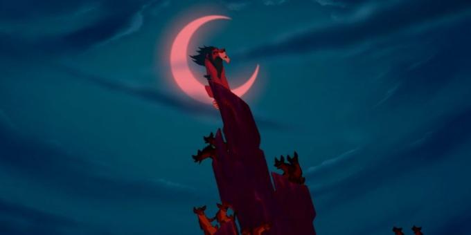 Karikatúra "Leví kráľ": Just fit v poslednom hudobnom číslom byť pripravený Scar postava v trblietavých polmesiac na nočnej oblohe