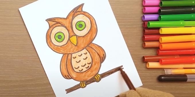 Ako nakresliť sovu: farba na oči, nohy a vetvu