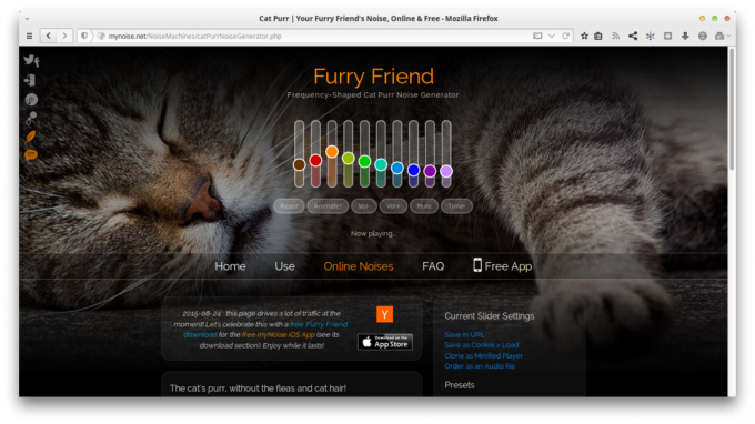 Prehľad menších webových aplikácií: Cat Purr šumový generátor