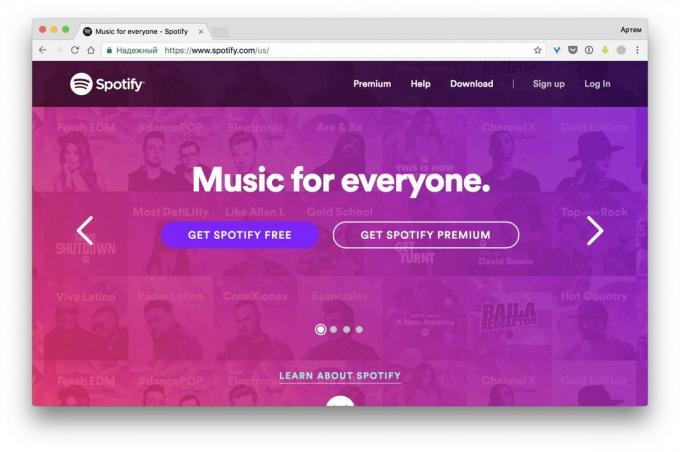 Webové stránky Spotify