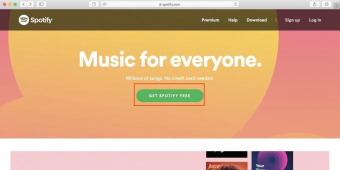 Ako používať Spotify v Rusku: otvorenej webovej stránky služby Spotify a kliknite na tlačidlo Spotify zadarmo!