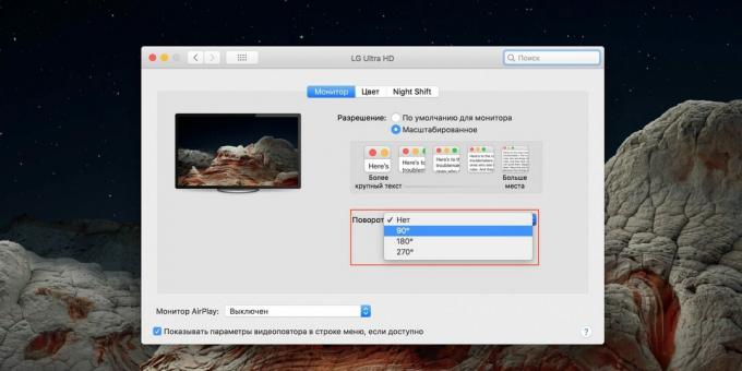 Ako prevrátiť obrazovku na notebooku so systémom macOS: v nastaveniach vyhľadajte časť „Monitory“ a zadajte uhol natočenia