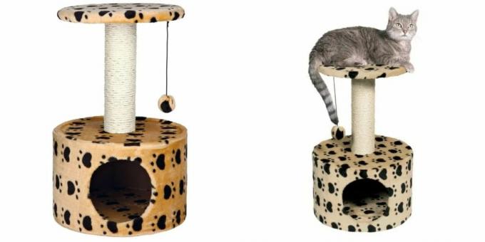 Domčeky pre mačky: s hračkou a škrabadlom