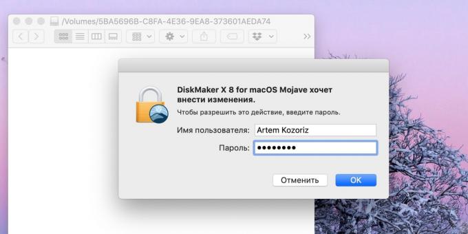 Ako vytvoriť bootovacie USB flash disk s MacOS: zadanie hesla správcu