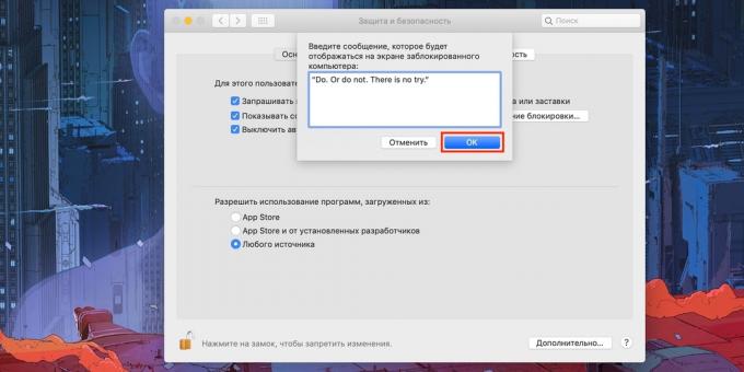 Správy na obrazovke Mac zámok: Zadajte text, ktorý chcete a potvrďte tlačidlom "OK"