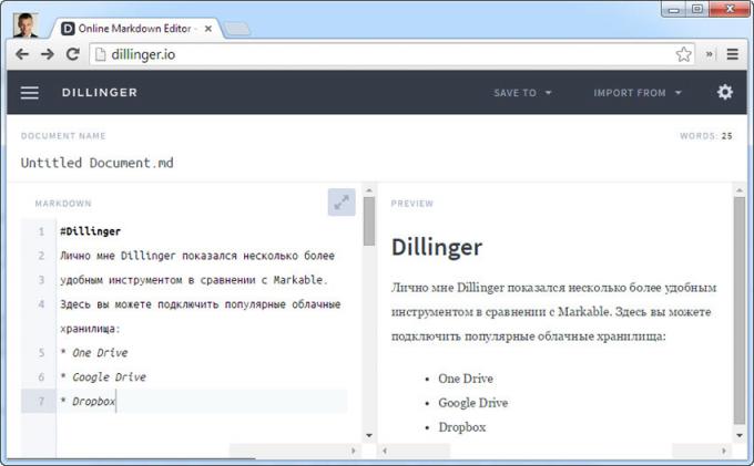 Online textový editor Dillinger chápe markdown Markup Language