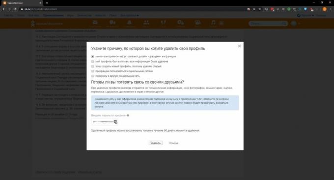 Ako odstrániť profil v Odnoklassniki: kliknite na Odstrániť