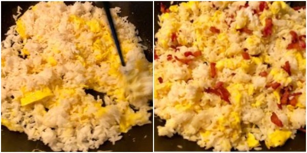 Ako variť vyprážané ryže s vajcom: Keď je ryža zahreje, pridajte slaninu, soľ a sójovú omáčku a dobre premiešame
