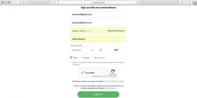 Ako používať Spotify v Rusku: vyplňte registračný formulár