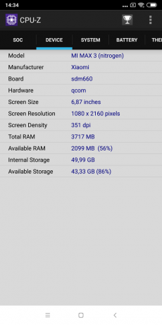 preskúmanie Xiaomi Mi Max 3: CPU-Z