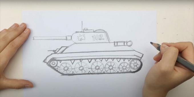 Ako nakresliť tank: nakreslite stopu a guľomet 