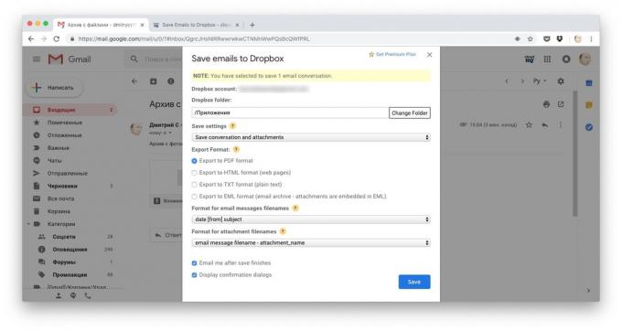 Spôsoby, ako sťahovať súbory na Dropbox: skopírovať celý list, ukladať e-maily na Dropbox