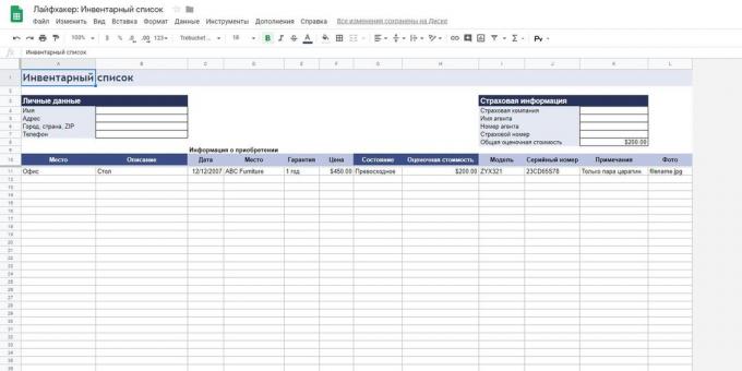«Google Spreadsheets»: template "Zoznam Inventory"