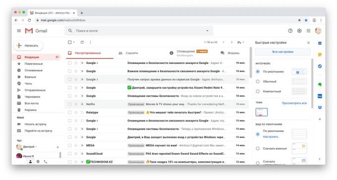 bočný panel služby Gmail