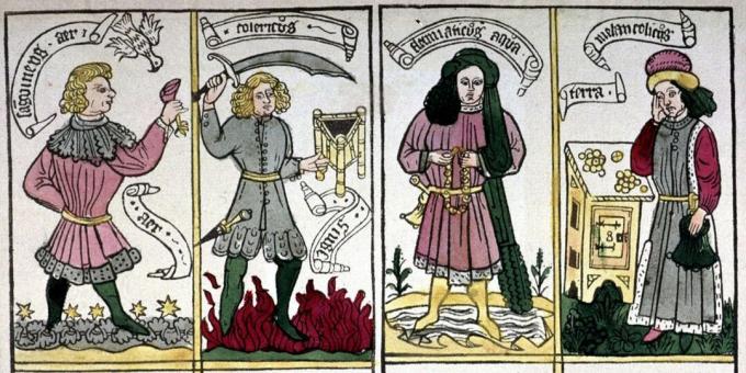 Stredoveká medicína: personifikácia štyroch humorov, nemecká rytina, 1460-1470