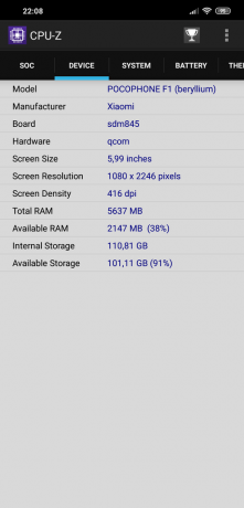 preskúma Xiaomi Pocophone F1: CPU-Z