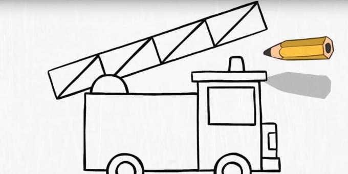 Ako nakresliť hasičské auto: pridajte rebrík a maják
