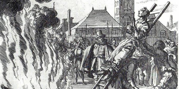 Inkvizícia v stredoveku: „Uhorenie 16. storočia, holandský anabaptista Anneken Hendrix, obvinený z kacírstva“, rytina Jan Leuken