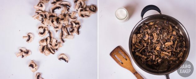 Palačinková roláda: podusíme huby, cibuľu a cesnak