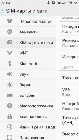 Ako distribuovať internet so systémom Android smartphone: otvorte «SIM karty a časť siete"