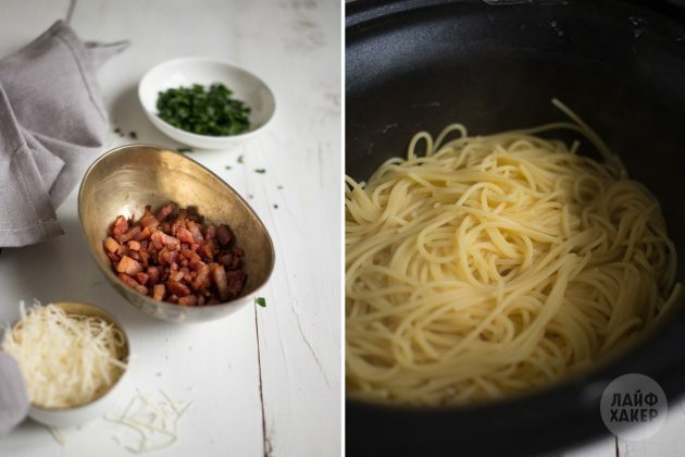 Ako pripraviť cestoviny carbonara: slaninu podusíme a špagety uvaríme