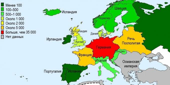 Počet zabitých čarodejníc v európskych krajinách v 15. - 17. storočí.