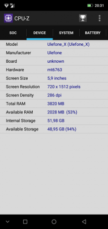 Prehľad smartphone Ulefone X: CPU-Z