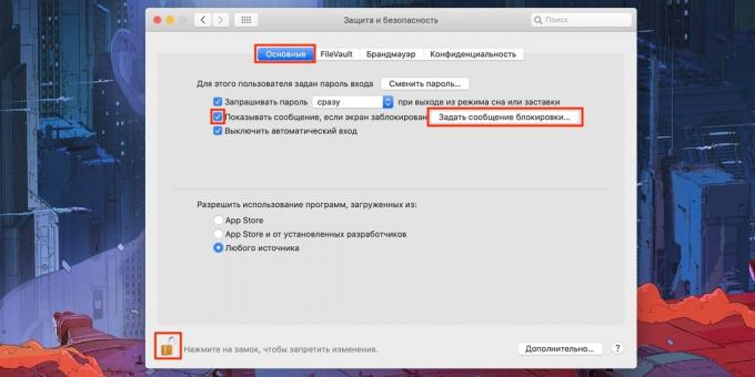 Správy na obrazovke Mac Zámok: Kliknite na tlačidlo "Set blokovací správy ..."