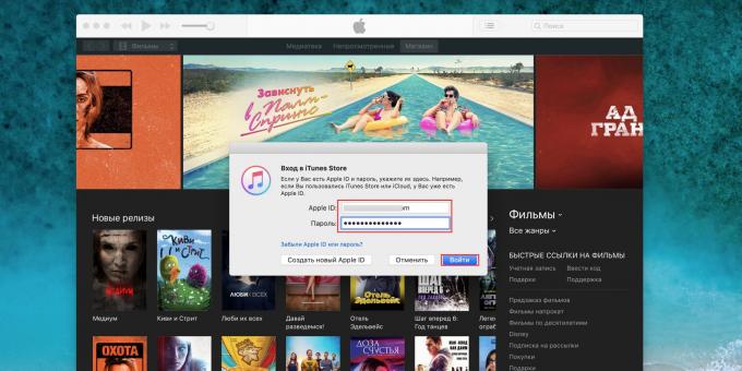 Ako prepínať medzi účtami v iTunes na počítači: zadajte prihlasovacie meno a heslo z iného Apple ID a kliknite na „Prihlásiť sa“